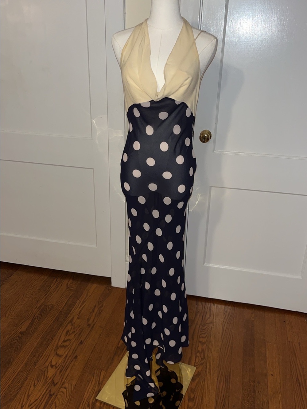 ARCHIVAL JOHN GALLIANO BLUE AND CREAM POLKA-DOT HALTER GOWN — ANNA BAYLE ARCHIVE